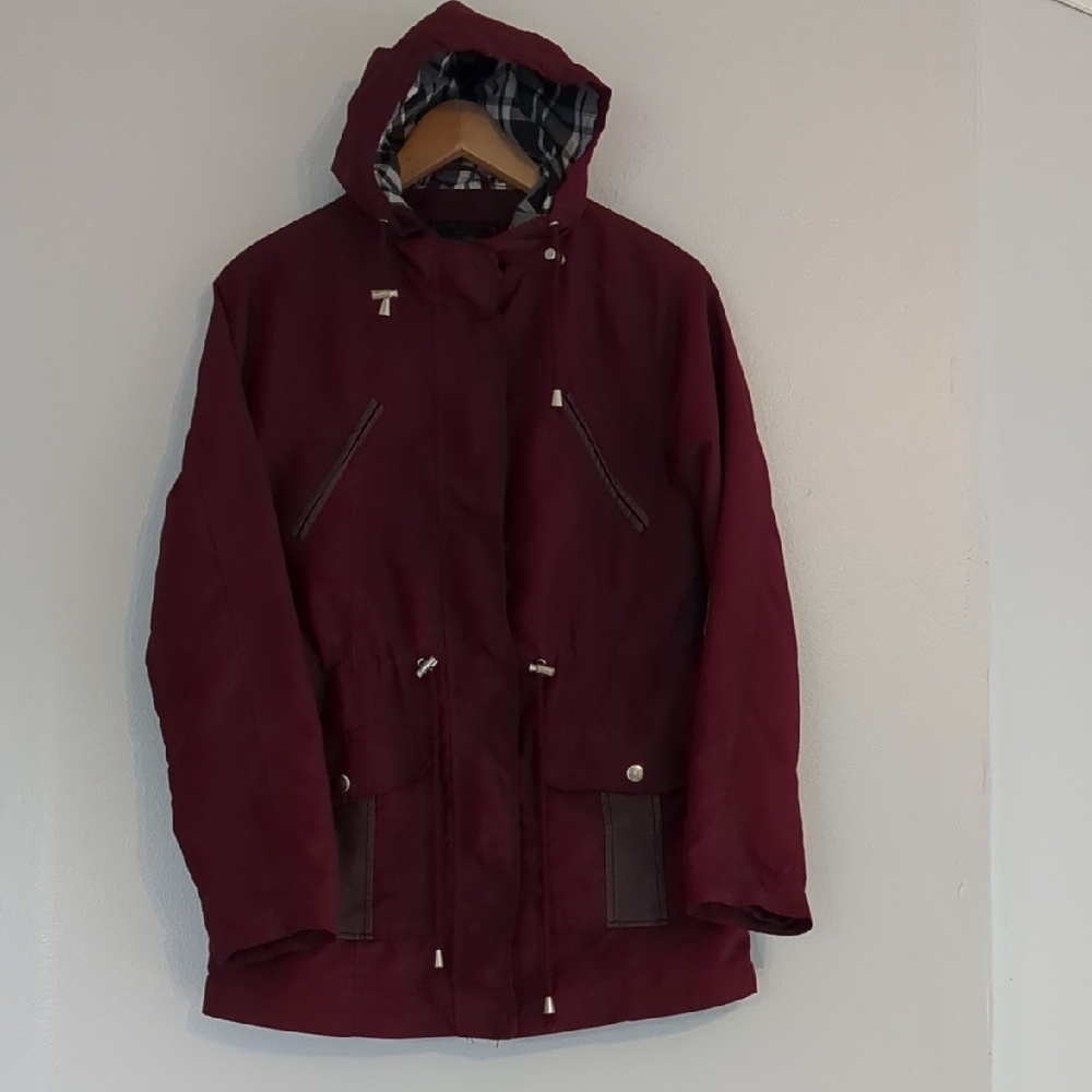 Miss London Burgundy Utility Jacket Womens Medium Hooded Weather-Resistant